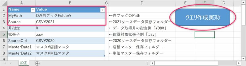 実行ボタンを設置した設定シート