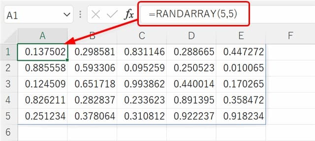 RANDARRAY関数の[行数][列数]だけ指定した例