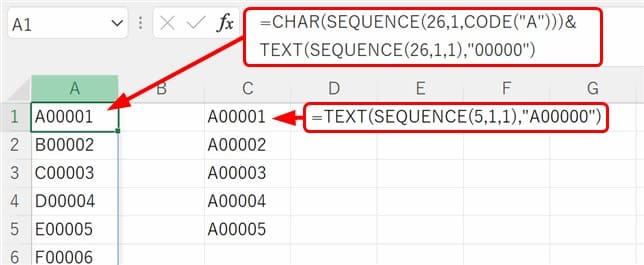 SEQUENCE関数で文字コードやTEXT関数を併用する例