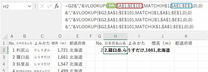 VLOOKUP関数とMATCH関数を利用した例