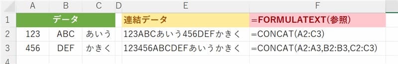 CONCAT関数で複数範囲の文字列を結合する例