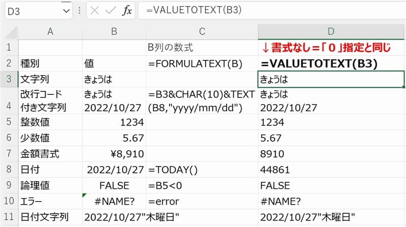 VALUETOTEXT関数の書式なしの表示例