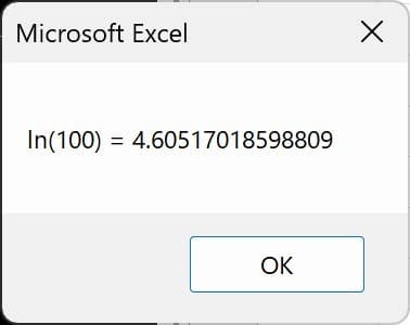 Log関数サンプル1実行結果のMsgBox
