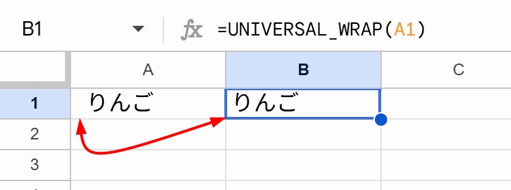 A1に前後スペース入りの文字列、B1に=UNIVERSAL_WRAP(A1)を入力し、両方とも「りんご」と表示されている様子