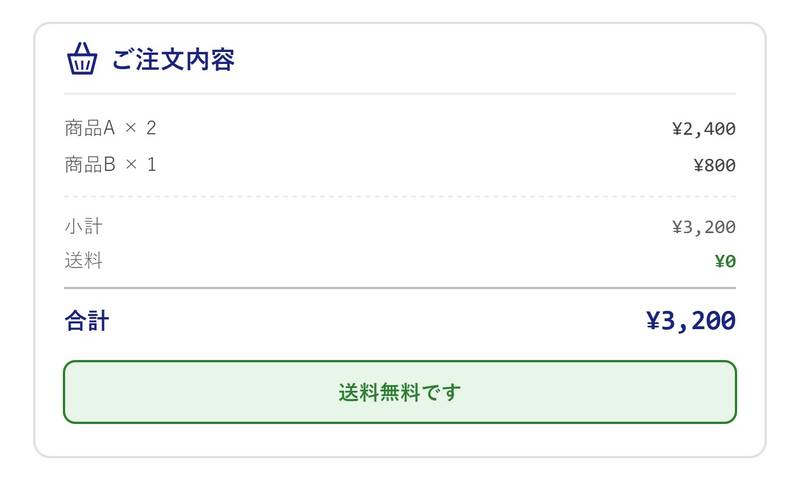 カートの小計・送料・合計・送料無料案内のモックアップ(実務サンプルのコード通り、小計3,200円で送料無料になるケース)