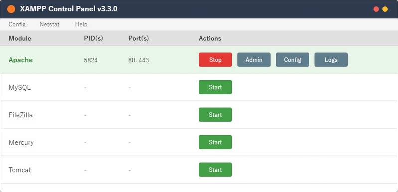 XAMPP Control PanelでApacheのStartボタンをクリックし、起動後に背景が緑色になる様子を示した図