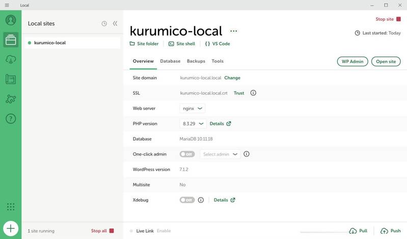 Localのサイト詳細画面。PHP version 8.3.29、WordPress version 7.1.2などの情報と、WP Admin・Open siteのボタンが表示されている
