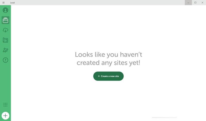 Localを起動した直後の画面。サイトがまだないことを示すメッセージと「Create a new site」ボタンが表示されている
