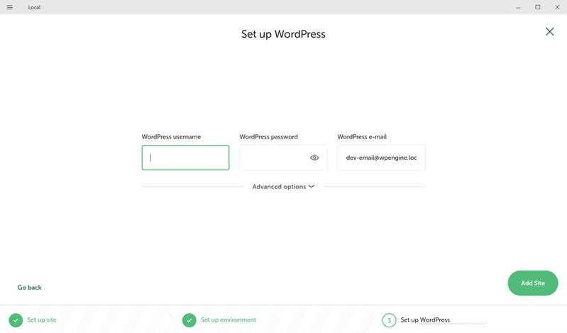 LocalのWordPress設定画面。WordPress username・WordPress password・WordPress e-mailの3つの入力欄がある