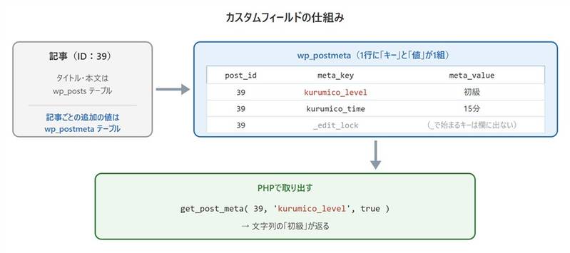 カスタムフィールドの仕組み。記事ごとの追加の値はwp_postmetaテーブルに記事ID・キー・値の組で保存され、get_post_metaで取り出すと文字列で返る
