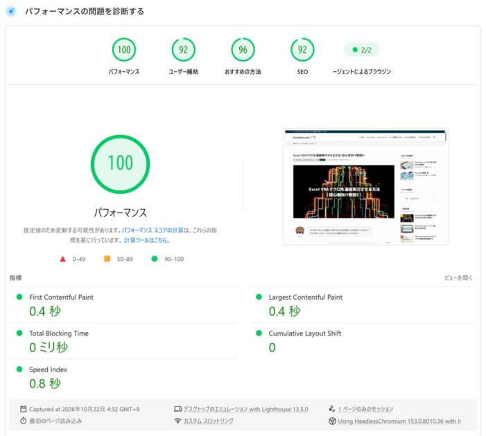 PageSpeed Insightsの下の欄「パフォーマンスの問題を診断する」。CLSは0で、最初のページ読み込み、デスクトップのエミュレーションと書かれている